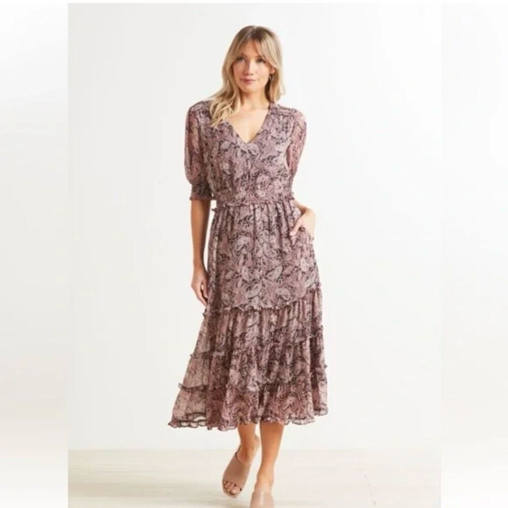 Roan + Ryan Women's Size Medium Pink Black Evereve Elsa Midi Dress Tiered